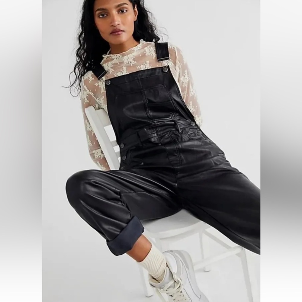 Free People Ziggy Overalls Jumpsuit Slouchy Vegan Leather Black Size Medium
